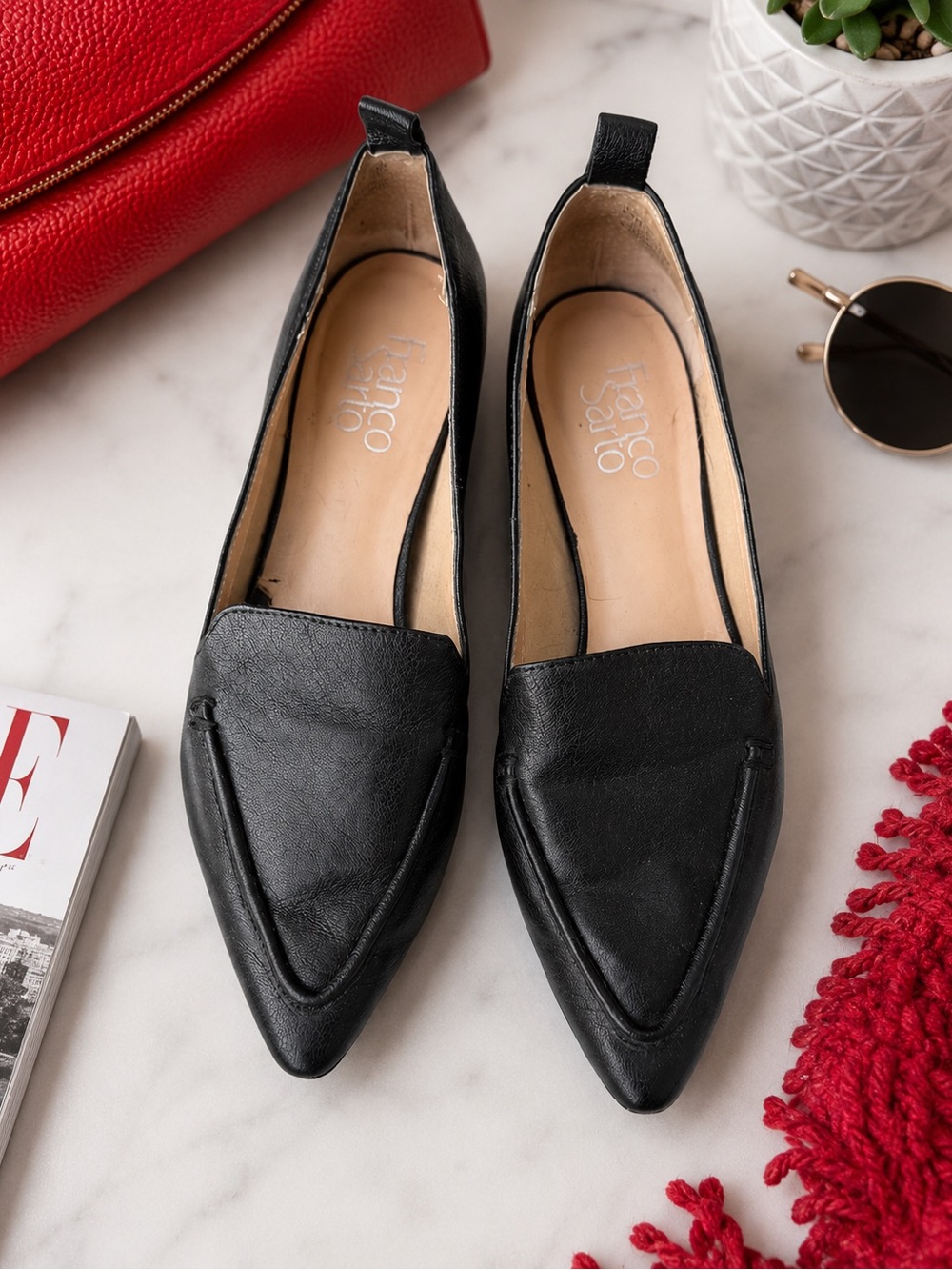 Franco Sarto Black Pointed Leather Flats GUC size 7-1/2
